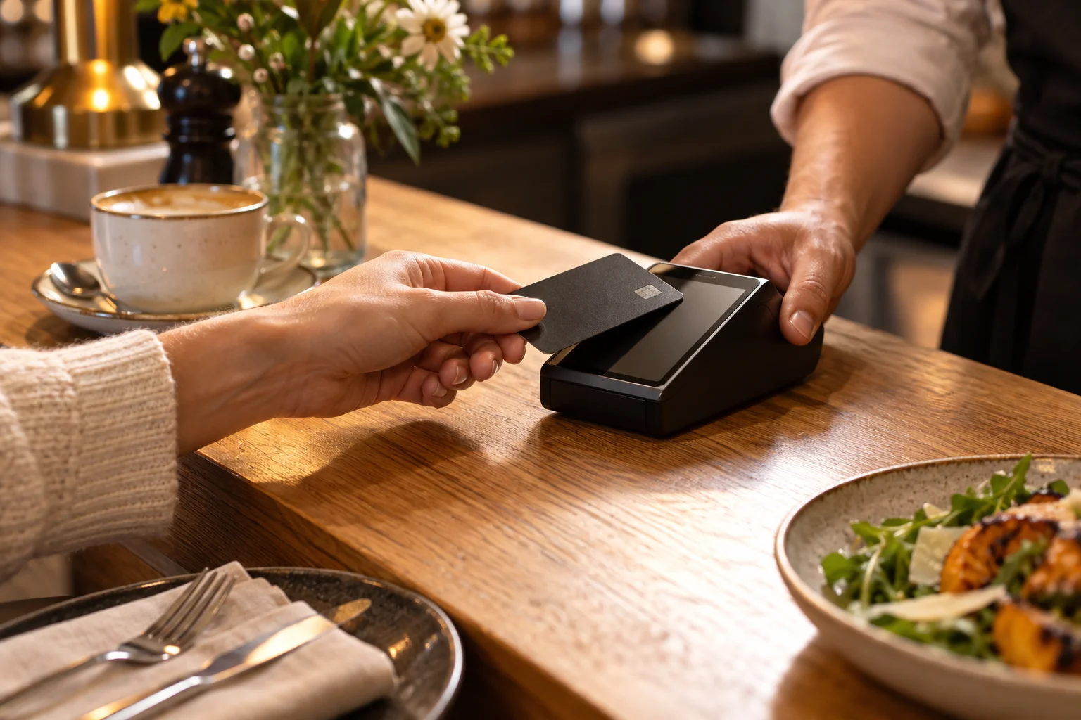 En gjest betaler med kort ved en restaurantdisk