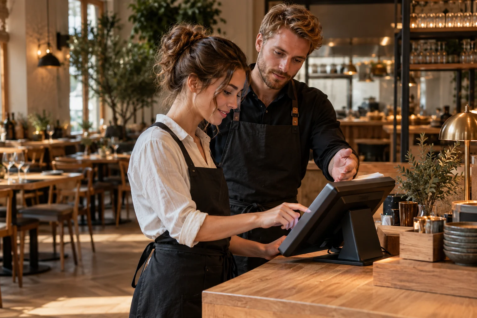 To kolleger øver sammen på en restaurantkasse før servering