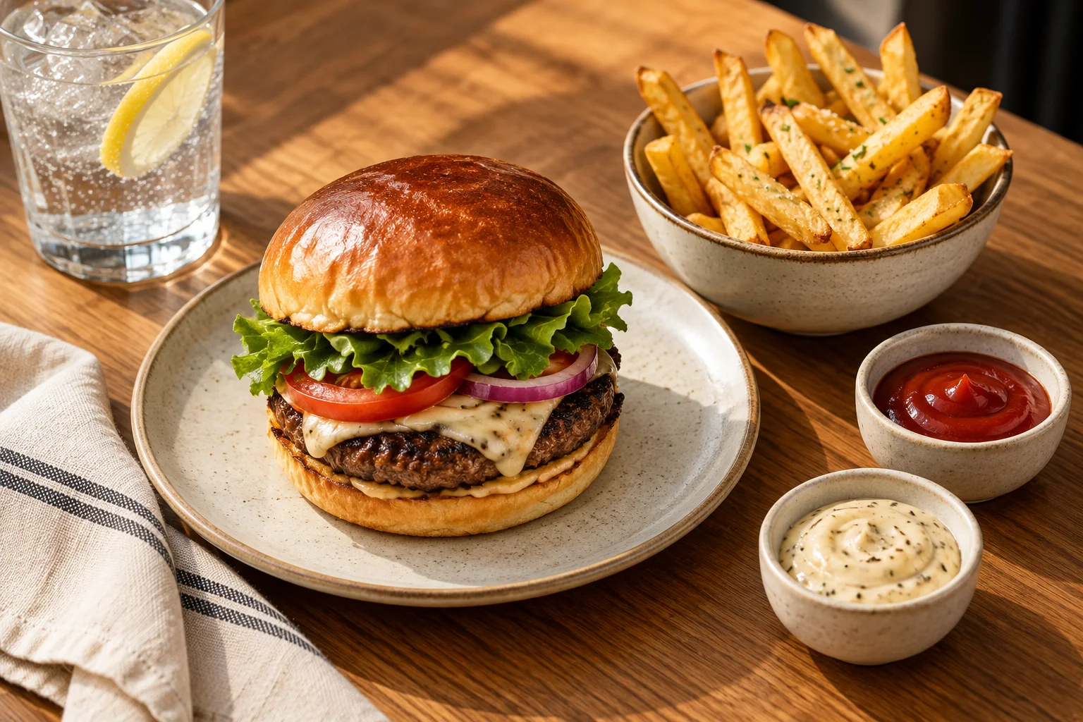 Burger med pommes frites, sauser og drikke som tilvalg
